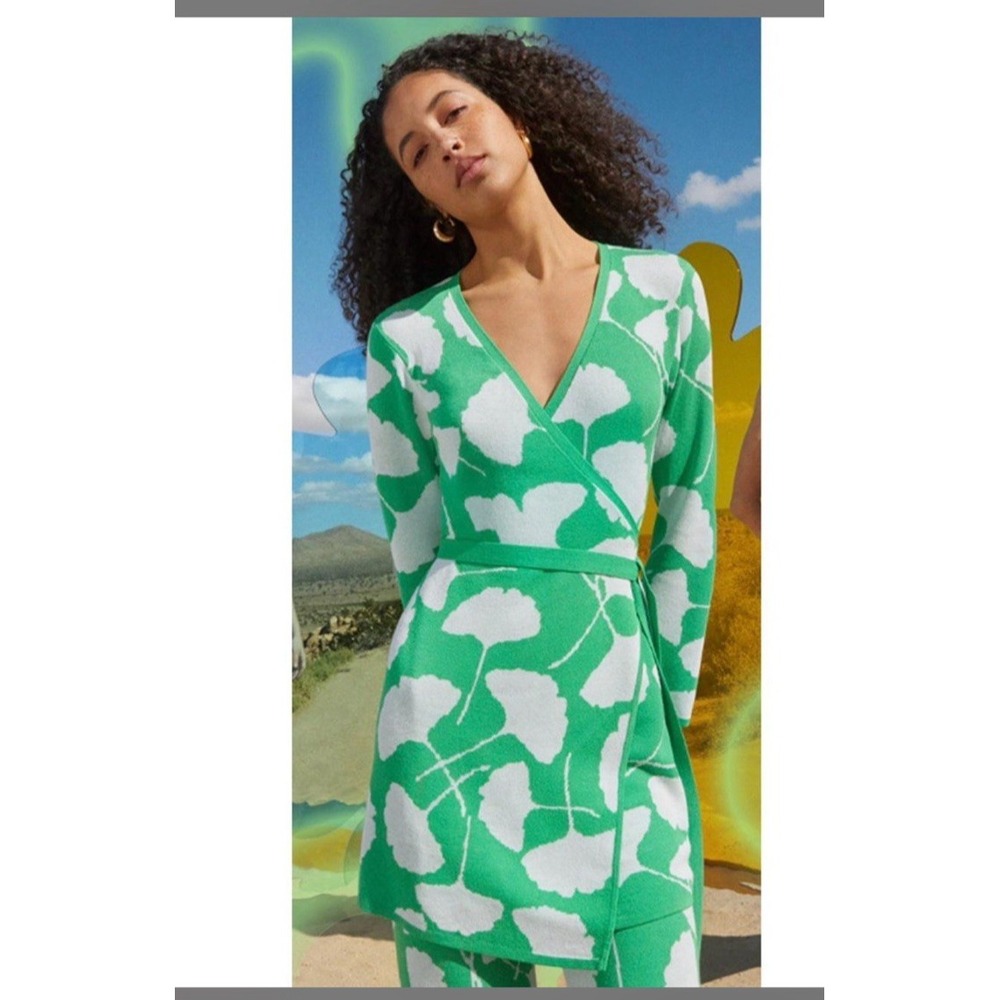 DVF x Target Knit Wrap Dress XXL Green White Ginkgo Leaf Tunic Cardigan NWT